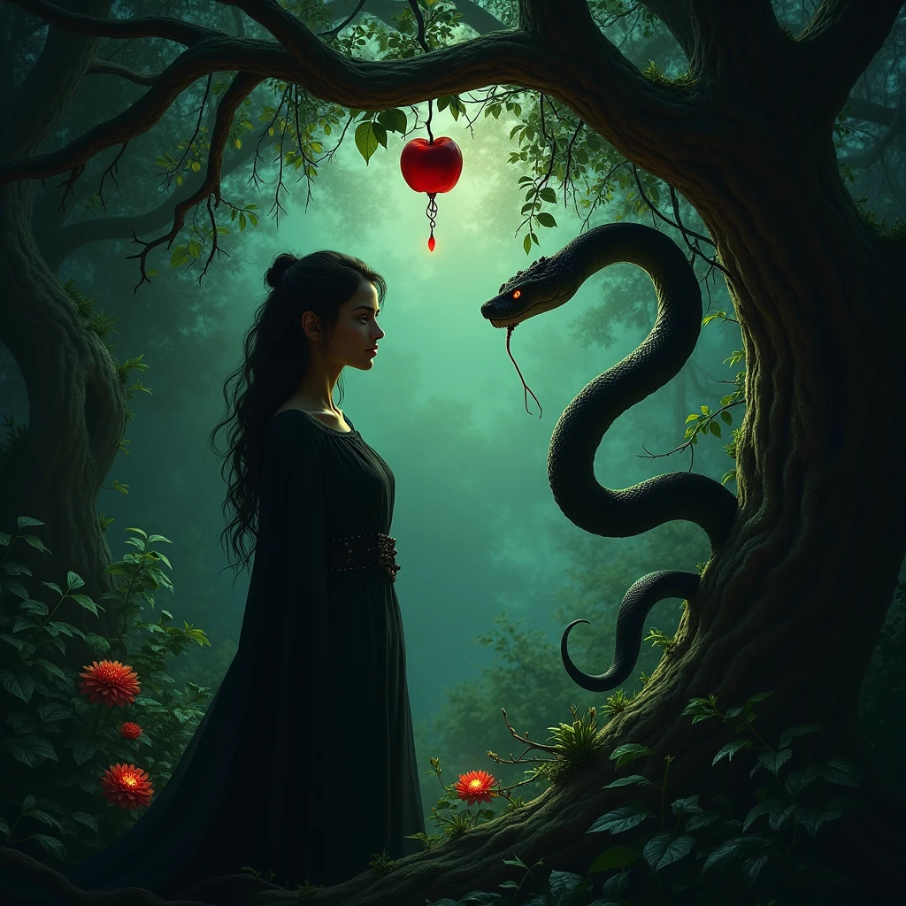 generate an image of a woman and a snake talking around an apple. dark and mysterious atmosphere in a garden