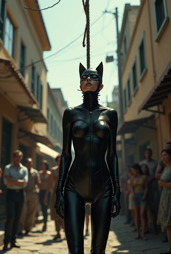 (8k, best quality, fotorealisti, ​masterpiece, realisti) Catwoman, sexly, beautiful, hot, gasping for air, panting, horrified facial expression, is hanged, is suffocated, Face tilted to the sky, beautiful neck, Rope tight around neck, strangle, gallows, Hands behind the back zusammengebunden, hanged in the air, hangs in the air, Hands behind the back, can&#39;t breathe, strangle, hang, in a remote alley in Los Angeles, sunny day and crowd around her. 