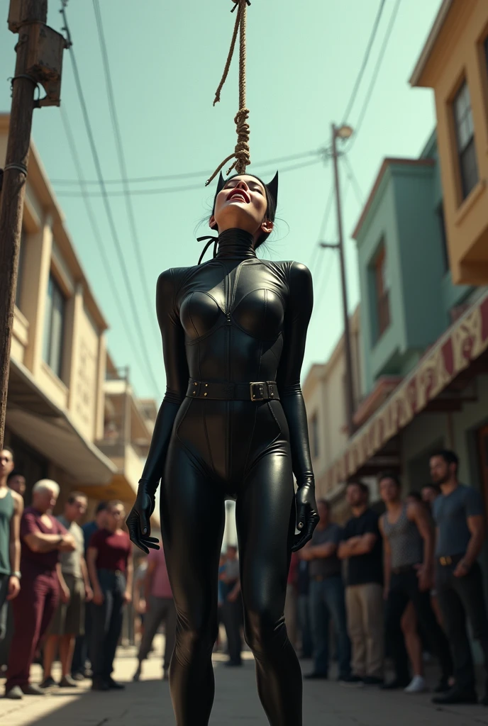 (8k, best quality, photorealists, realisti), Catwoman with large neckline, Neck is visible, sexly, Nice, hot, horrified, strangle, gasping for air, choked, screaming, horrifieder Gesichtsausdruck, is hanged, is hanged on the gallows, Rope tied tightly around the neck, Rope tied tightly around the neck, Rope tied under the chin around the throat, Cut off air, hängt am Hals tied up in der Luft, half a meter in the air, Feet not on the ground, Niceer Hals, sehr Niceer Hals, long neck, sehr long neck, good view of her neck, Catwoman strangle, can no longer breathe, Face tilted to the sky, Head thrown back, Body straight, Neck stretched, Shoulders hanging, hands behind the back, cannot move hands and arms, tied up, Throat pressed shut with a rope, on a sunny day in a secluded alley in Los Angeles with an audience around her.
