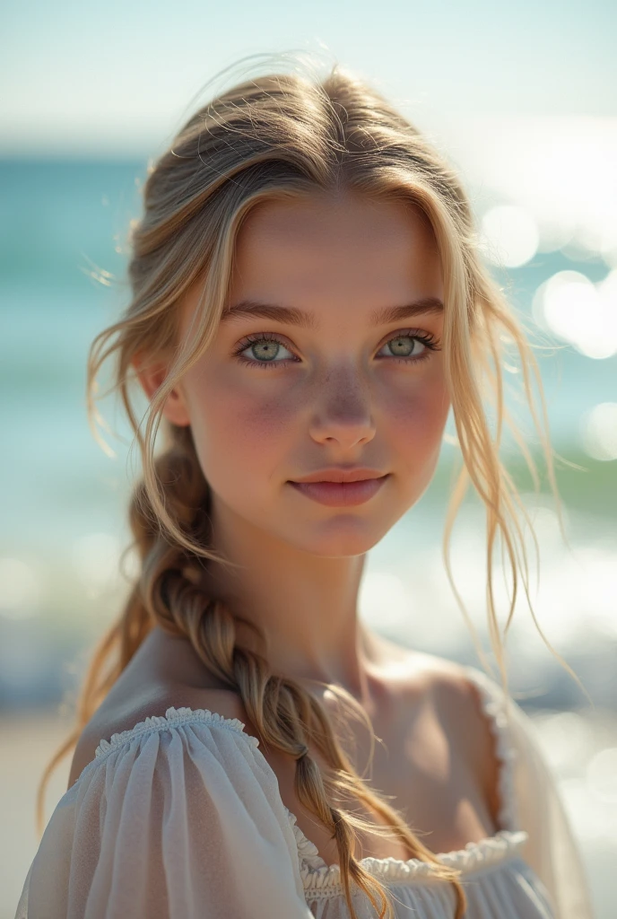 "Seeking a skilled photographer to capture a stunning high-resolution portrait of a young Russian girl on the beach, capturing her natural beauty and innocence. The subject should exude charm and grace, with emphasis on her youthful features and the serene backdrop of the ocean. The girl's height should be conveyed through the composition, highlighting her stature relative to her surroundings. Preference given to photographers with experience in portrait photography and capturing the essence of youth and natural beauty."