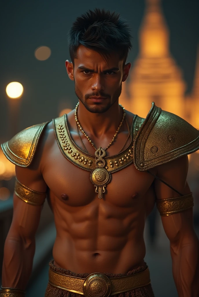 Hyper realistic, Masterpiece, detailed, 8k, a delicate and graceful image of a Handsome indonesian male, shirtless, tan skin, golden ornament, golden shoulder pads, night view background, ancient indonesian building, fierce look, undefined, undefined, hairy abs