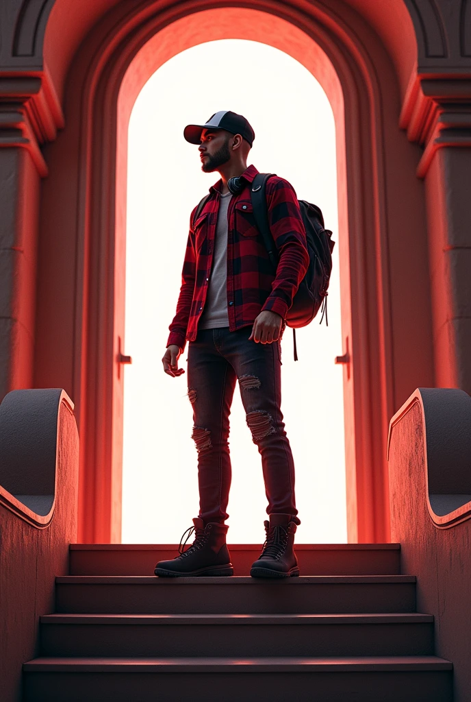 Hyper realistic, depict dramatic scenes with strong color contrasts, especially in shades of red and orange, depicting environments that appear otherworldly. In the middle, there was a white door emitting bright light, with the silhouette of a person standing in the doorway. Face detailed. Look straight ahead. 28yo Indonesian man wearing dark red flannel shirt and dark ripped jeans pants and black hiking hi-shoes with black backward trucker hat, wear dark leather backpack, wear headphone, masculine photoshoot pose, arrogant man expression. On the side of the stairs leading to the door. The setting includes architectural elements such as stairs and railings that have an otherworldly future and ancient design.