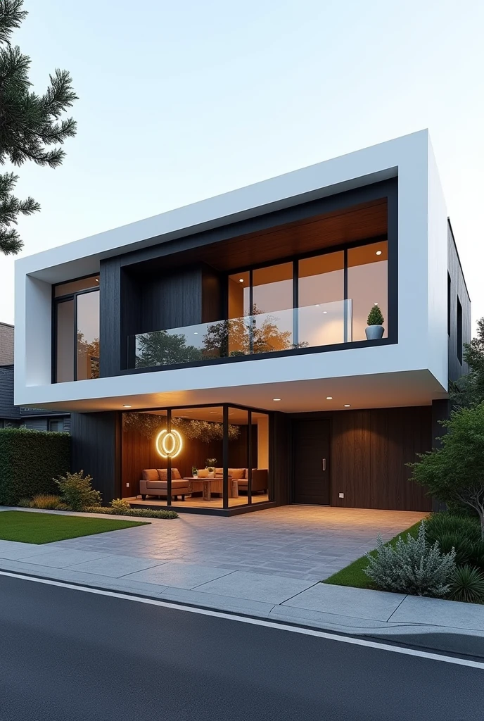 
a view of a modern home with a large front yard, main material by glossy white wall and black stone and wood, 1 road runs in front of the house, (RAW photo, real, best quality, masterpiece:1.2), look morden minimalist, 1 road in front of the house, shime ring light, light brighteness from indoor:1.2, dynamic lighting: 1.3, (hyper realistic, photo-realistic:1.2), high quality, day lighht, hight contrast :0.5 perfect lighting, archdaily, award winning contemporary, contemporary masterpiece