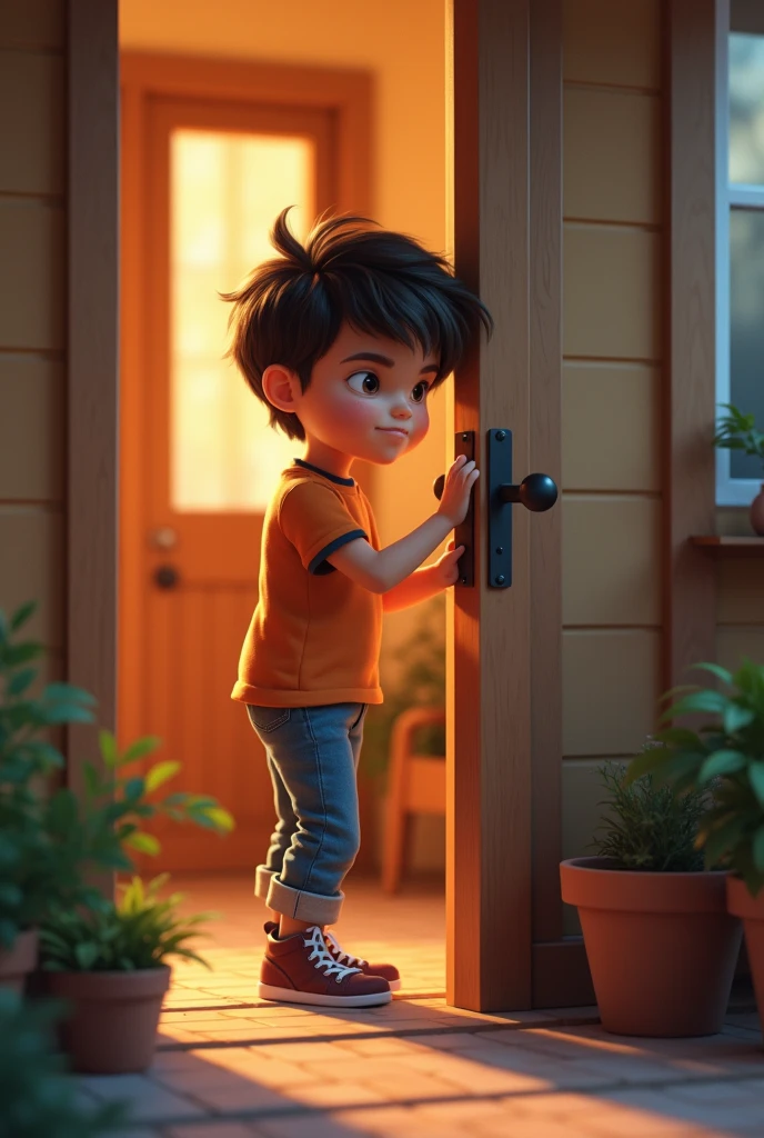 a boy locking the front door