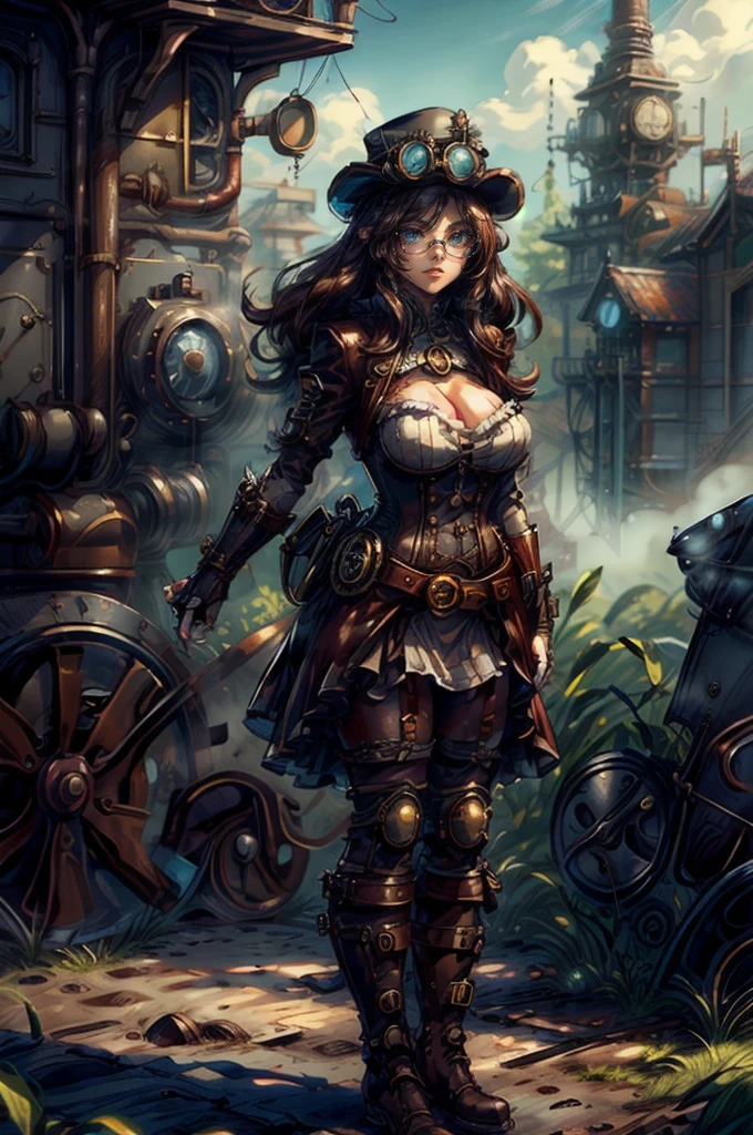 best quality, masterpiece, 1girl, mature, asian, steampunk, white dress, leather corset, cleavage, tophat, goggles on headwear, leather gloves, leather boots, glasses, 3D Western Anime Style, standing on podium, ((press conference)), microphones, steampunk buildings, beautiful forest surroundings, afternoon scenery, men and women standing, 4K Resolution, High-resolution,