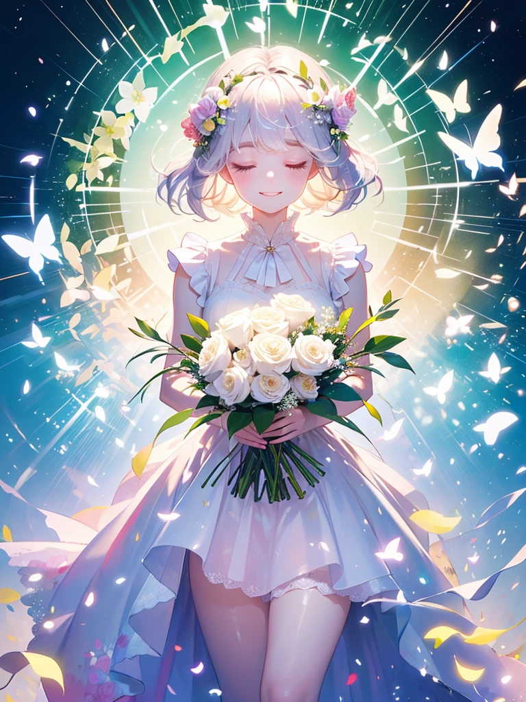 (masterpiece、Highest quality、Highest quality、Beautiful and beautiful:1.2)、(Perfect Anatomy:1.2)、Milky white straight hair girl、Butterfly Fairy、Floral costume、A radiant smile、I bow my head and close my eyes and pray、Flowers and leaves on head、Holding a bouquet、Rose Garden