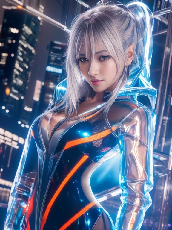 Lake at night,(Gorgeous night illuminations:1.3),(Standing in the night:1.3)The actress is a very beautiful adult woman........(Sexy super shiny orange transparent holographic mechanical cyberpunk suit with hood:1.3) ,(A mechanical hooded suit that lights up with vibrant LEDs:1.3),Surrounded by a network of wires. surrounded by circuits.Sexy Face, necklace,Earrings, Smile.Sexy pose, (Silver Hair、精巧な編み込みとビーズで飾られたponytailのツイストバンズ,),(The bangs are see-through),(hairpin、ponytail、Wear a hood、),Chest slip,(Emphasize large breasts:1.3),Professional Lighting,Cinematic Light,(Tabletop,Highest quality,Ultra-high resolution output images,) ,(8K quality,),(SeaArt 2 Mode:1.3),,(Picture Mode Ultra HD,)