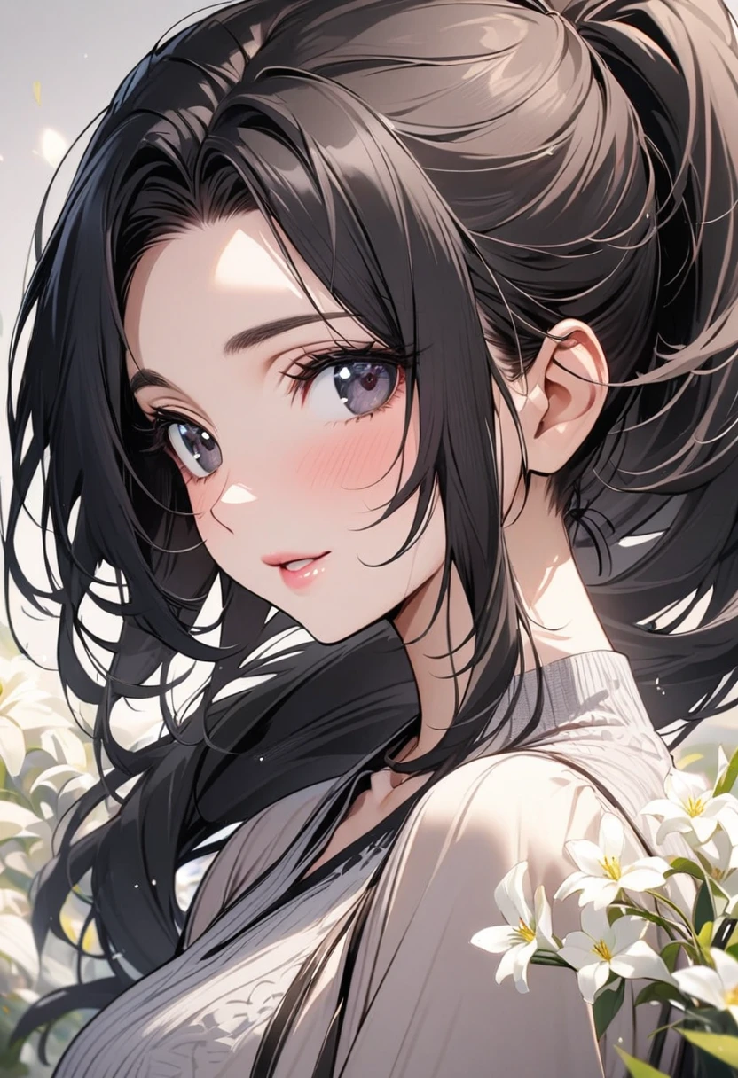 girl, mature, cute, black eyes, black hair, long hair, white flower, beautiful eyes, beautiful color, ponytail, high detail