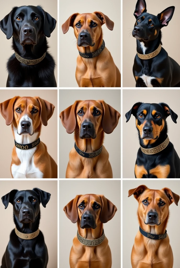 Collage of 9 pictures. Each picture shows a photo of a purebred dog.. On the collar of the brand "Night flower" written in beautiful font, luxury beautiful light