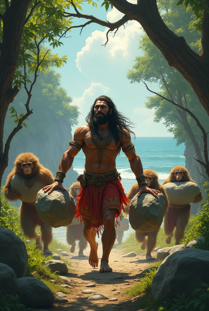 Show Hanuman and the Vanar Sena collecting large stones from the forest. The scene should include them carrying the stones towards the seashore, filled with energy and devotion.