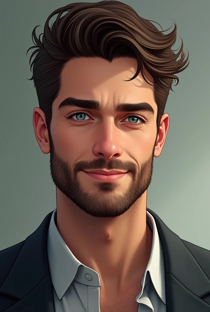 To create a description of a handsome man, here are some details that can be used:
He has a well defined face, with a strong jaw and symmetrical features. Your eyes are piercing, blue or green, that shine with a confident and friendly look. Your skin is clear and flawless, with a well-trimmed beard that adds a touch of maturity. Your hair is thick, de cor castanho-escuro, slightly wavy, and fall naturally. He is tall, with a straight and athletic posture