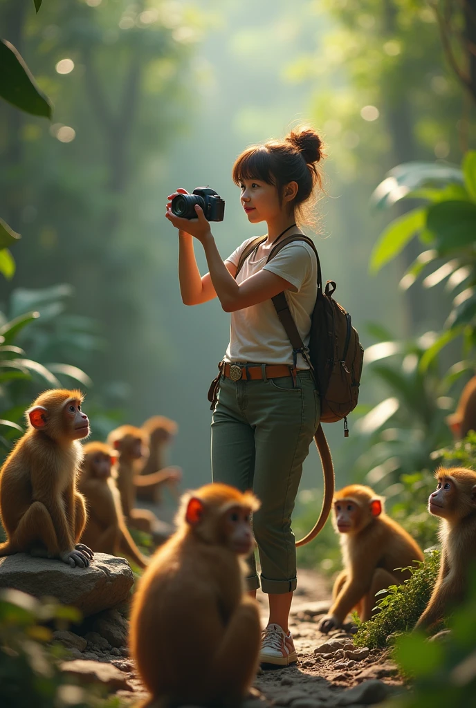 One women take pictures with Monkeys