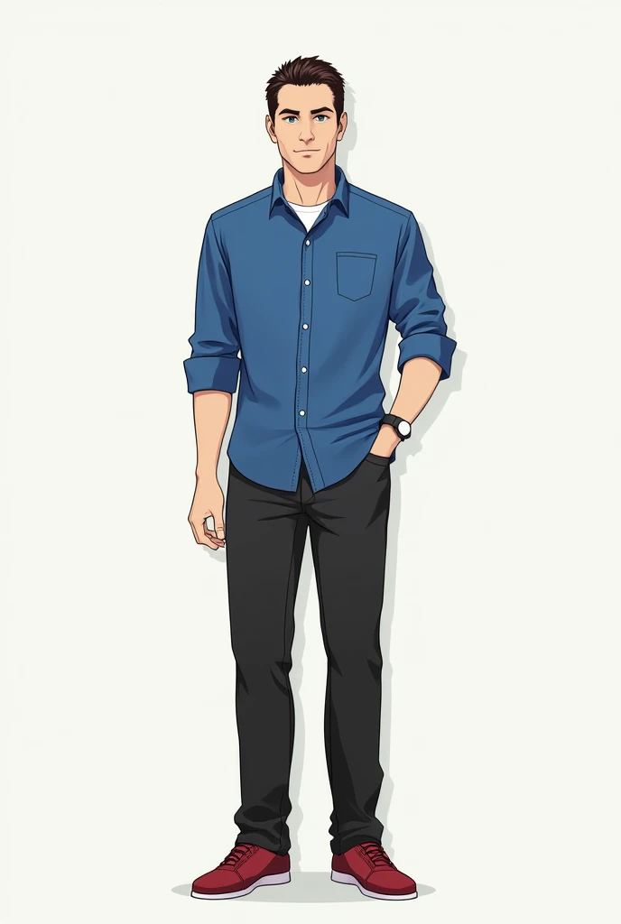 Wearing a random blue shirt with random brown hair and black pants and red shoes blue eyes black eyebrows