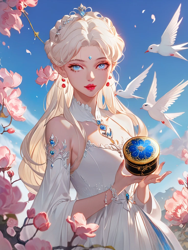 There was a woman in a white dress holding a music box, guweiz style artwork, guweiz on pixiv artstation, guweiz on artstation pixiv, Gu Weiss, Fantasy art style, Gu Weiss masterpiece, Beautiful and elegant queen, Beautiful character painting, Detailed digital anime art, Blonde Princess, White hair, Sky blue eyes, Pink lips
