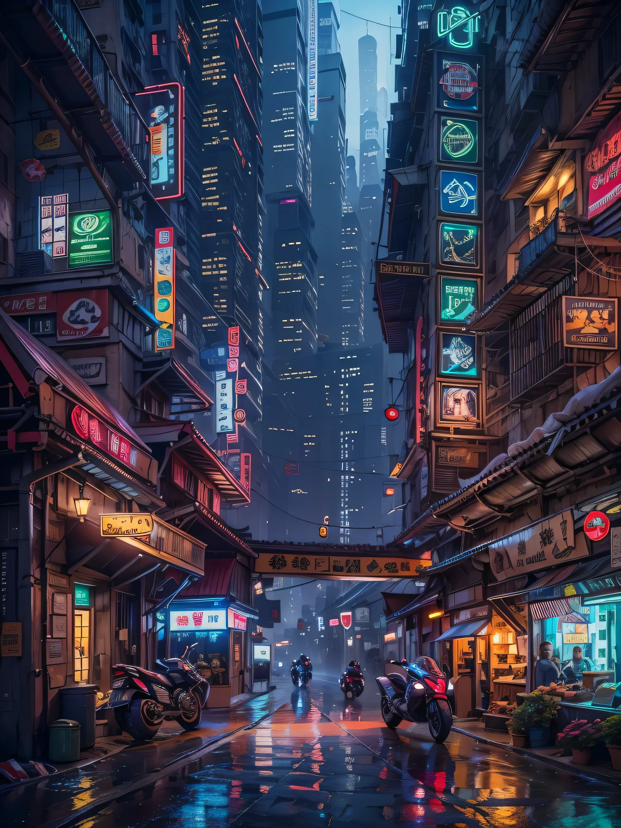 ((masterpiece)),((best quality)),((High Detail)),((Practical,)) Future Era City, There is a deep canyon in the middle, Building Street, market, bridge, Cyberpunk, European Architecture, Rainy night, neon, Futuristic motorcycle