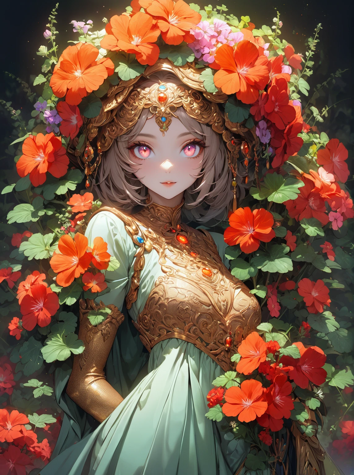 Ultra high resolution, rich colors, perfect image, best quality, beautiful women, glowing skin, skin and clothing texture, delicate eyes, anthropomorphic, flowers, geranium