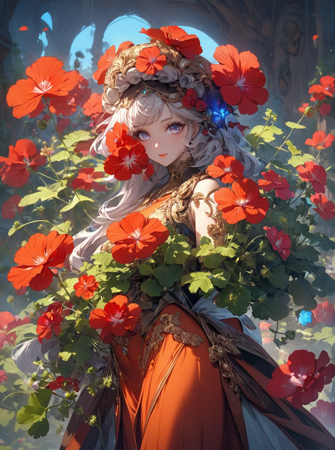 Ultra high resolution, rich colors, perfect image, best quality, beautiful women, glowing skin, skin and clothing texture, delicate eyes, anthropomorphic, flowers, geranium