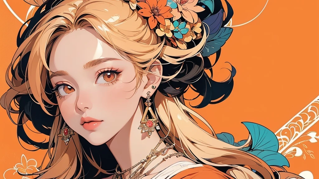32K, 最高quality, 最高masterpiece, (ultra-Detailed Background, Detailed Background), High resolution, Super detailed, Very detailedな, 1 personの, (bouquet:1.3), (Tangled:1.2), (Geometric:1.2),(colorful),(masterpiece, quality, best quality, Official Art, Beautiful and beautiful:1.2), (1 person:1.3), Very detailed,(colorful:1.1)(Flowers:1.3),Most detailed,(Tangled:1.2), whole body, (Abstract background:1.3), (Skin glows), (Many colors:1.4), ,(Earrings Jewelry:1.5), Pale Orange Background, Gradation, It's imaginative., Flaxen Hair,