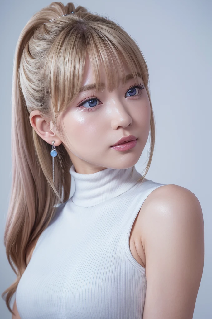 ((Highest quality)), ((masterpiece)), (High-definition photos), (upper ponytail), (Blonde), (bangs),  (beautiful girl:1.3), False eyelashes, (earrings), white sleeveless turtleneck dress with a ribbed texture and a bodycon fit, (white skin), head tilt, (Blushed:1.3), (face close up), from side, (kiss the onion:1.4), Shiny skin、wetty lips, Thin eyebrows、(Blue eyes:1.1)
