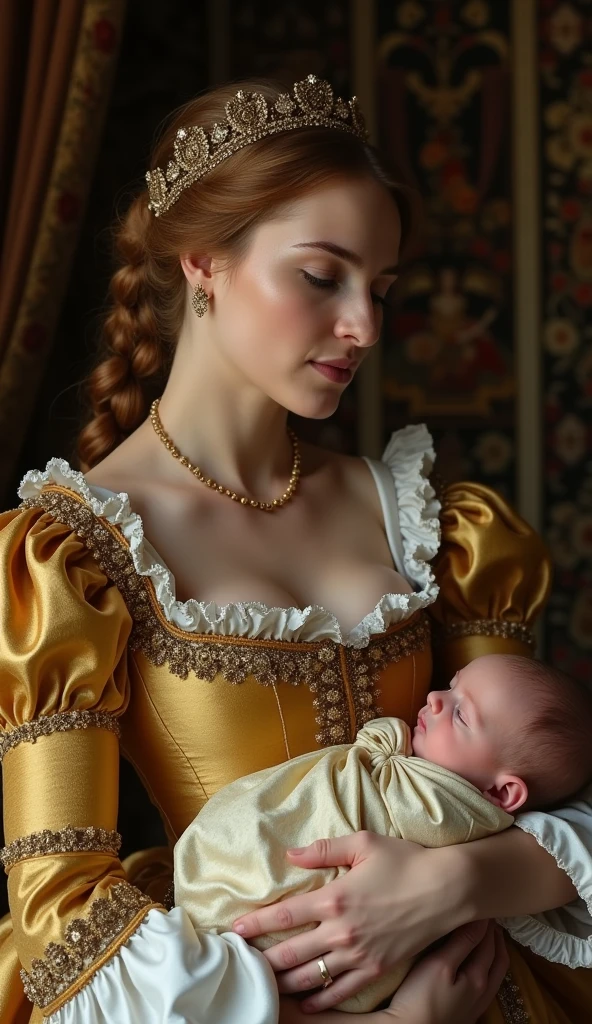 Jane Seymour, dressed in a regal, golden gown typical of the Tudor period, sits tenderly holding her  son, the future Edward VI, in the lavish royal nursery, with intricate tapestries adorning the walls behind her; an intimate, soft-focus close-up shot capturing the gentle light on her serene face, hyper-realistic, photo realism, cinematography. The camera lens size is 200mm, aperture setting f/4.5, and ISO 1600, with the medium being color photography.