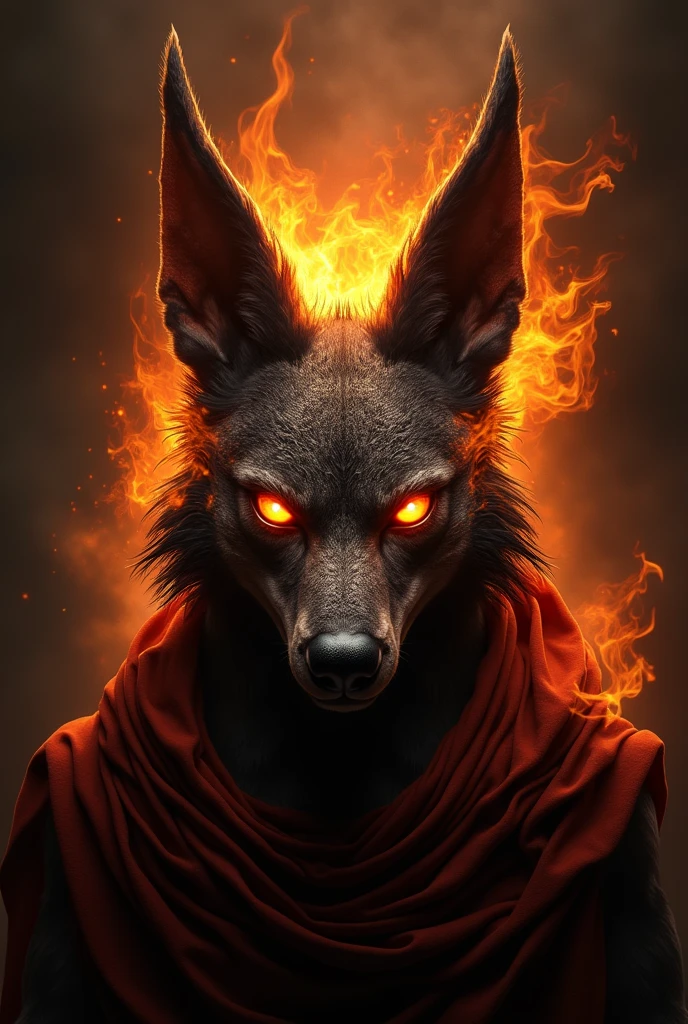 Character Anubis on fire like a God, I need it to be displayed in front bust form as this image will be made to create a logo, I want an image that resembles something epic , co.if it were a dragon