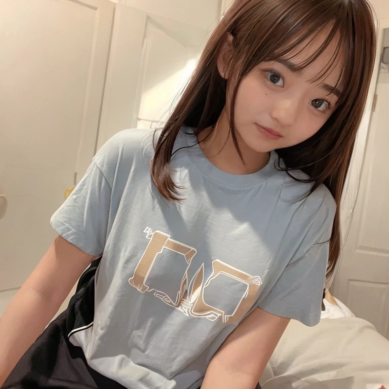cute, girl, elementary school student, black hair, twin tails, white short-sleeved T-shirt, shorts, small bust, bare legs, blush, smile, shiny skin