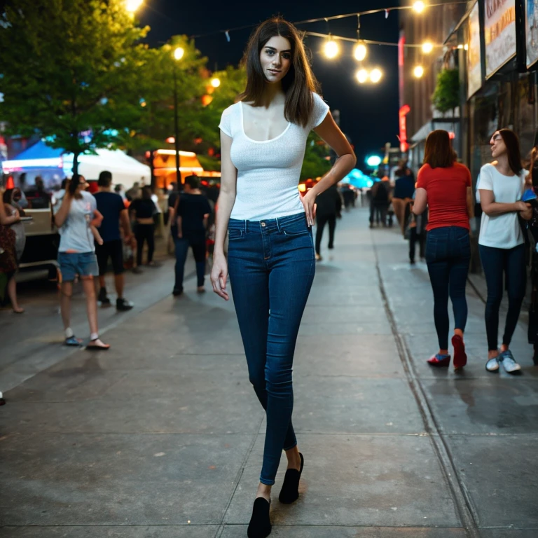 (wide angle), (angled view), (full body view), (evening), (young tall Salma Hayek aged 18:young tall Penelope Cruz aged 18:0.5) candid, (looking to the side), ((extremely tall college student)), walking through a trendy outdoor beer garden in New York City in a large crowd, fairie lights, dimly lit, ((slim)), ((arafed)), ((skinny)), weathered wooden tables, bright eyes, casual, cute, (nighttime), dark, symmetric eyes, tall beer glass, beers, busy, many diverse people, symmetric breasts, (tucked-in short-sleeved scoop-neck blouse), (stretched fabric), (plain sneakers), (cleavage), ((skindentation)), plain jeans, (long full very wavy dark auburn hair), (bangs), ((very long hair)), (jumbo huge colossal gigantic breasts), (bursting breasts)