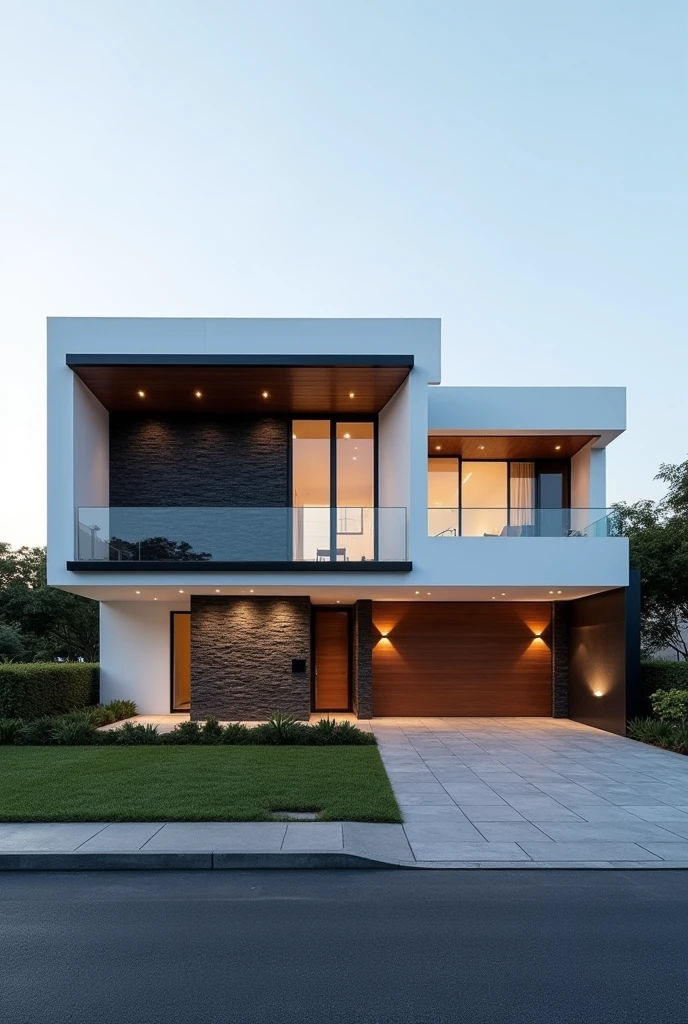 
a view of a modern home with a large front yard, main material by glossy white wall and black stone and wood, 1 road runs in front of the house, (RAW photo, real, best quality, masterpiece:1.2), look morden minimalist, 1 road in front of the house, shime ring light, light brighteness from indoor:1.2, dynamic lighting: 1.3, (hyper realistic, photo-realistic:1.2), high quality, day lighht, hight contrast :0.5 perfect lighting, archdaily, award winning contemporary, contemporary masterpiece