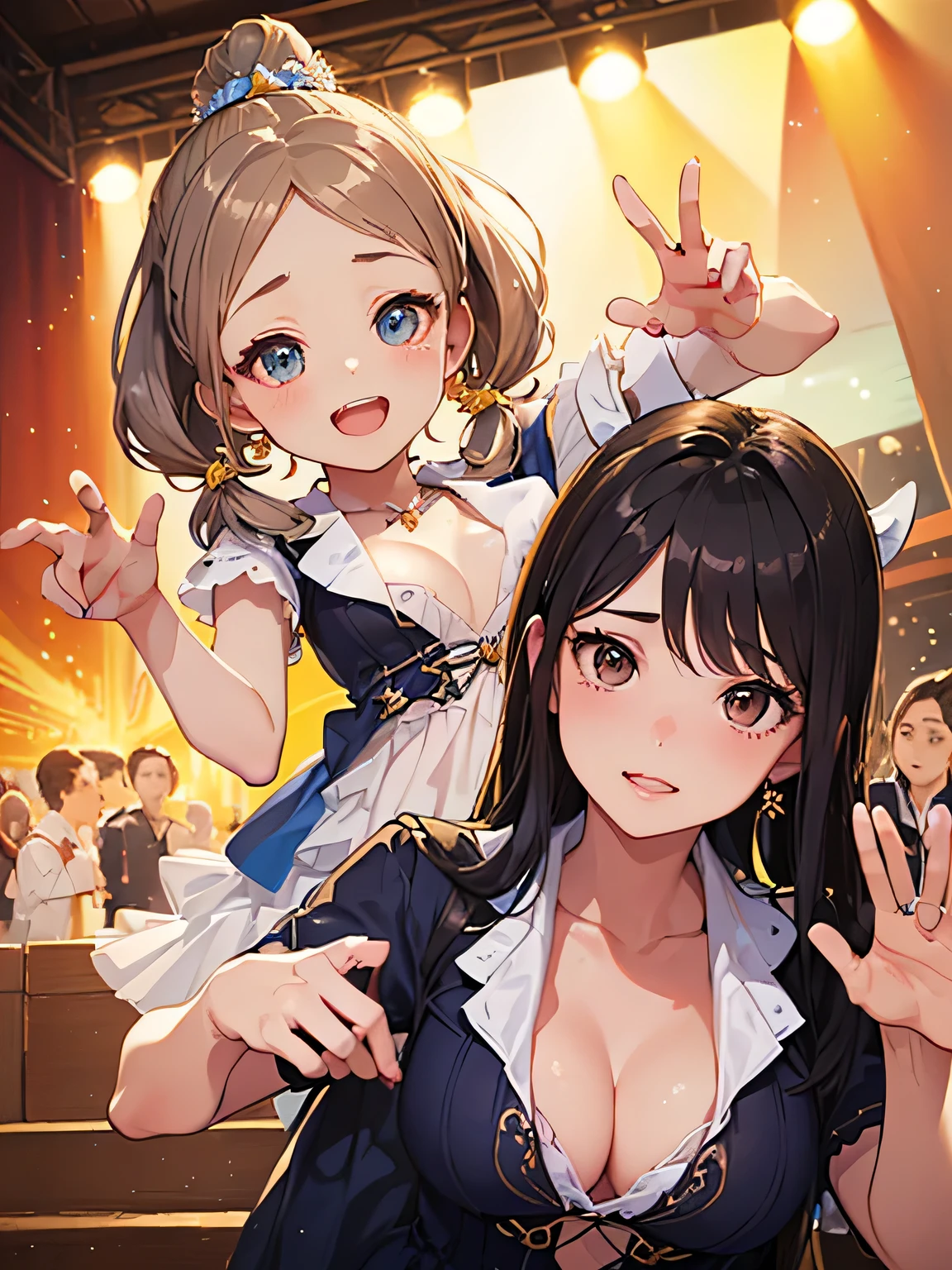 ((((Highest quality, High resolution)))), Extremely detailed 8K, Beautiful girl with slim body, (Ultra HD, Very detailed, Very detailed, Very realistic, Ultra-realistic, Photo Real), (One girl:1.5), Long Hair、Twin tails、Brown eyes, (Medium Breast: 1.2), (Beautifully detailed face, Beautiful attention to detail), (Sheer blouse:1.4),(Cleavage)、(Light of the sun, sunlight)，(slender:1.5),(Light clothing:1.6),(Open chest)、(Idol face:1.7),(Beautiful eyes)、(Beautiful face)、(Toned body:1.5),(masterpiece:1.8),Blushing、Beautiful Skin、Moist eyes、Embarrassed expression、Baby Face、Big Eyes、smile、(Pose to invite a man:2.0),