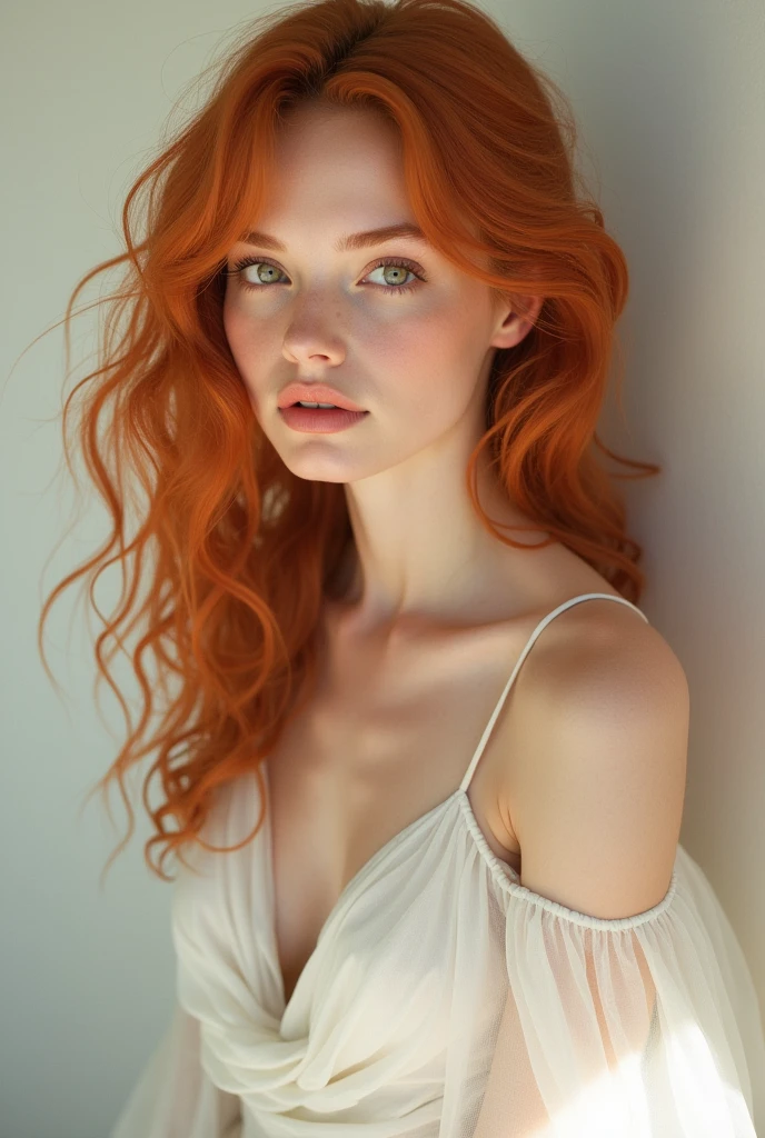 Woman aged 22. With red curly hair, She has light brown eyes, a bit greenish. with white dress
