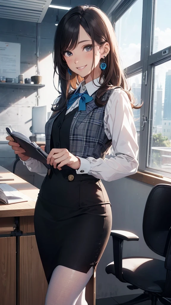 (Best Quality, Masterpiece),Wearing a pink plaid vest, White short sleeved shirt, Gray pencil skirt, Wear stiletto heels, Necklace, earrings, Cute face, Smile, Blushing, Shyness, Glass wall, Ultra Detail, Realistic, Front view, Whole body, stunning, cute, warm smile, hourglass figure, apron, text, chart, advertising, magazine title(Best Quality, Masterpiece), Mag((((1ladyl,)))) (masterpiece), (realistic), (best quality), (ultra-detailed), (wearing in [[white and gray check pattern]] Vest worn over white collared long-sleeved shirt:1.4), (gray vest with buttons:1.2), (Pink Theme:1.2), (blue ribbon ribbon:1.3), (Black theme:1.4), (Tight black pencil skirt:1.5), ((Brown pantyhose)), (high-heels:1.1),longskirt,office desk, office chair,Lulubre Unity 8K Wallpaper, pantyshot, long brown hair, office lady Magazine Cover, 1girl,  amazing, girl, 30 years old, house wiife, warm smile, hourglass figure, text, chart, advertising, magazine title
