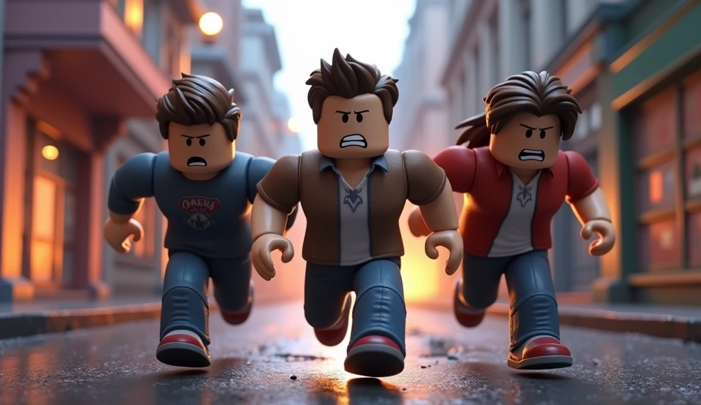 I WANT 3 ROBLOX GAME CHARACTERS WITH THE APPEARANCE OF BULLY GUYS WITH THEIR FACES HAVE ANGRY EXPRESSIONS AND THEY MUST BE IN RUNNING POSITION, RUNNING IN THE SAME DIRECTION IN A SCENARIO SET IN THE GAME IMAGE PROPORTION 16:9 ULTRA hd