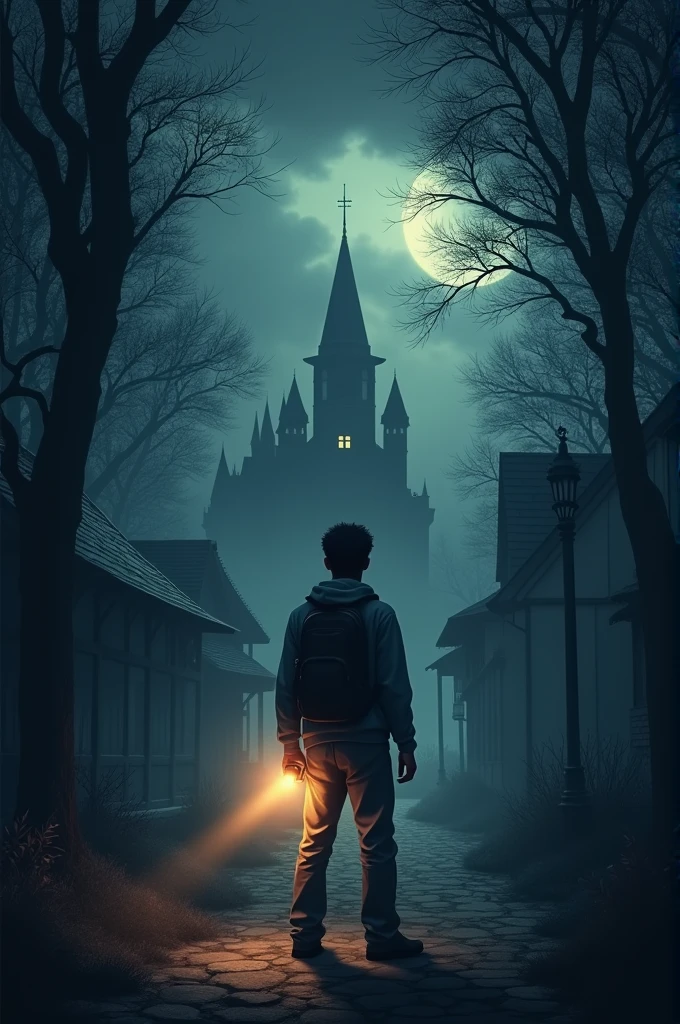 A young man, Ravi, standing at the entrance of a quiet, eerie village at night. The village is surrounded by thick, dark trees, with an old mansion barely visible in the distance. The sky is overcast, with dark clouds looming, and Ravi looks determined, clutching a small flashlight.
Size: 1024x1024