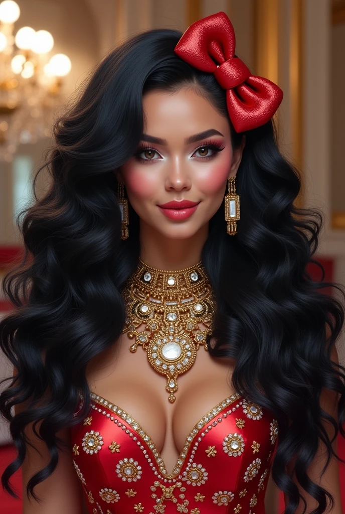 Hello Kitty with long curly black hair, with a lot of money and makeup 