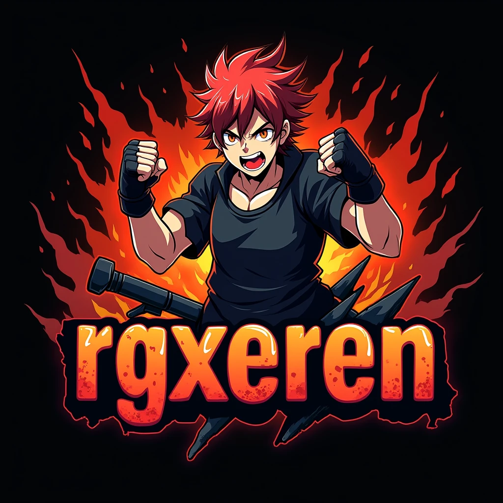 An anime character in rage with weapon in hand and write RGxEREN in this logo for gaimng logo