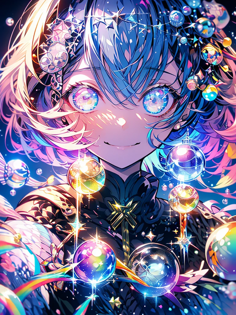 masterpiece、girl、Rainbow colorsの髪、smile、Serious face、Shining Background、Starry Sky、Rainbow colors、(((have glass ball)))