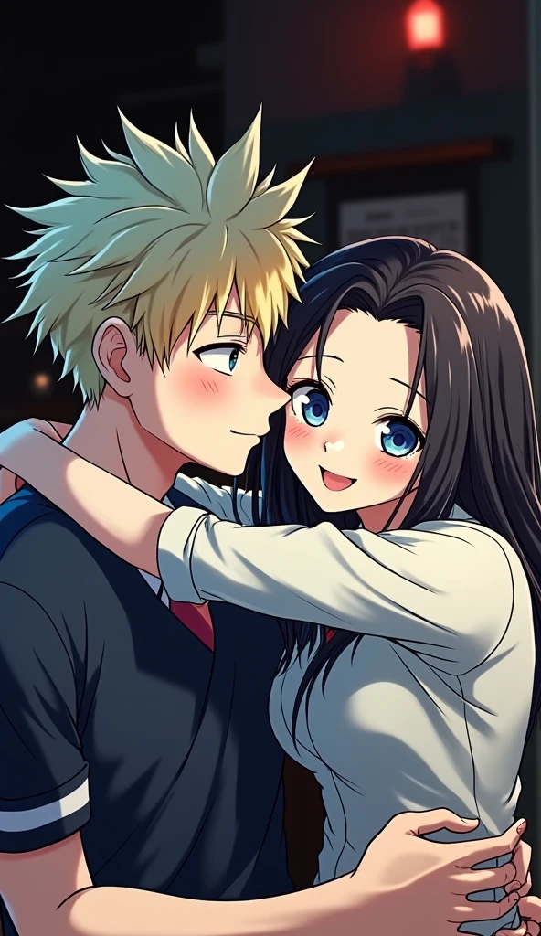 (32K:1.9, Realistic:1.9, Highest quality, masterpiece, Ultra-high resolution), Perfect dynamic composition:1.3, Highly detailed skin and facial textures:1.3, Cute sexy slim Japanese girl, (Slimman, Height about 180cm), (They both close their eyes, A man hugs and kisses a woman:1.3), Fair skin, ((Clarity:1.1)), (Man is anime「Marmalade Boy」Wearing a wonderful uniform:1.3, Bright yellow hair, beautiful目:1.3), (The woman is wearing a uniform with a light blue tie..:1.3, Straight black hair.:1.3, smile:0.9, A man completely charms a woman:0.9, beautiful Blue Eyes, beautiful, Clear Eyes:0.8), Sexy Face:0.4, blush:1.1, (beautifulエロティシズムを醸し出す雰囲気:0.8), Professional random camera work, Cinematic Lighting Effects, (Full Body Shot), (Too erotic), romantic, mysterious, Object of admiration, original, dramatic, artistic, Innovative, charm, Heartful, Fancy, Tilt, sense of loss, special, exciting, Extreme, sense of openness, joy, joyの表現, ((若さのcharm, 女性的なcharm))