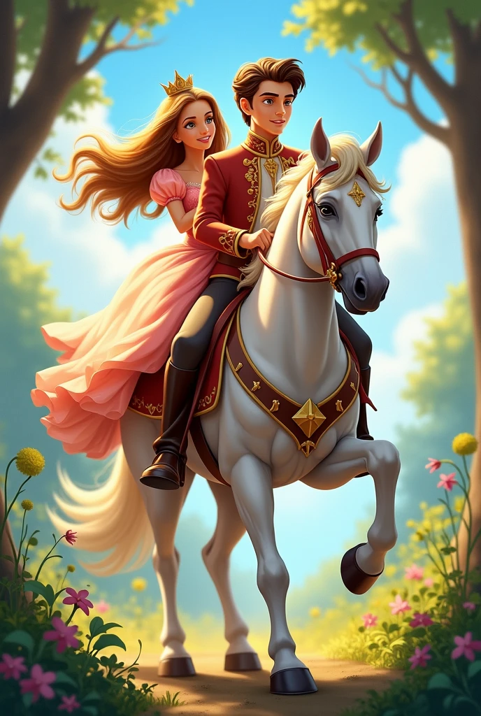 Girl wearing princess behind prince looking forward riding horse showing their full bodies in the picture disney style line art colorful vector drawing 