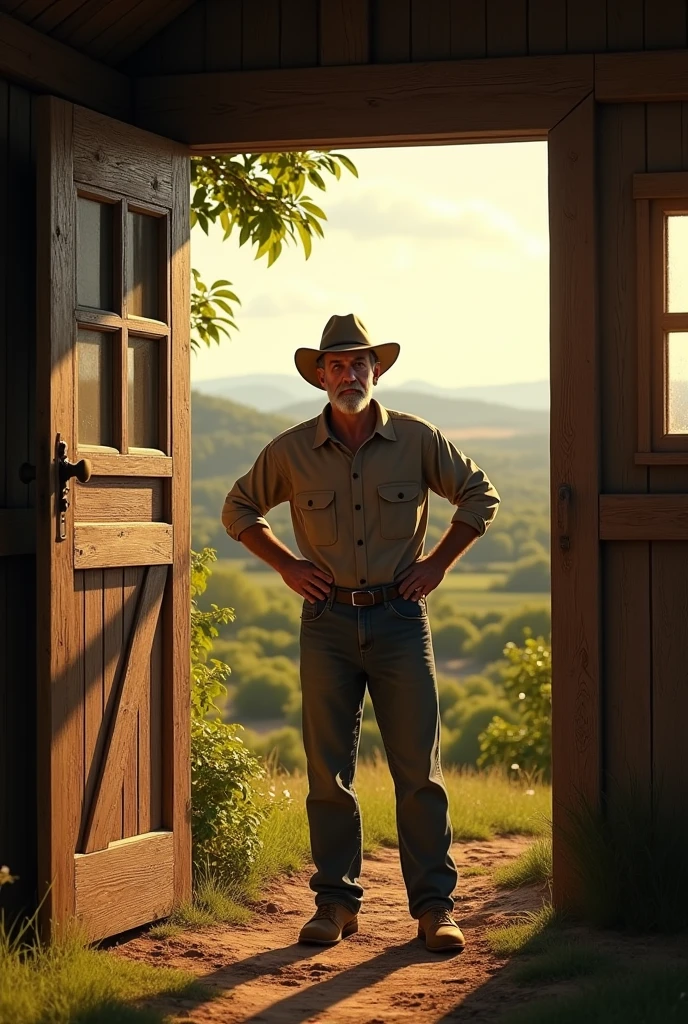 Make a picture of a farmer in a wooden house that is realistic and cinematic