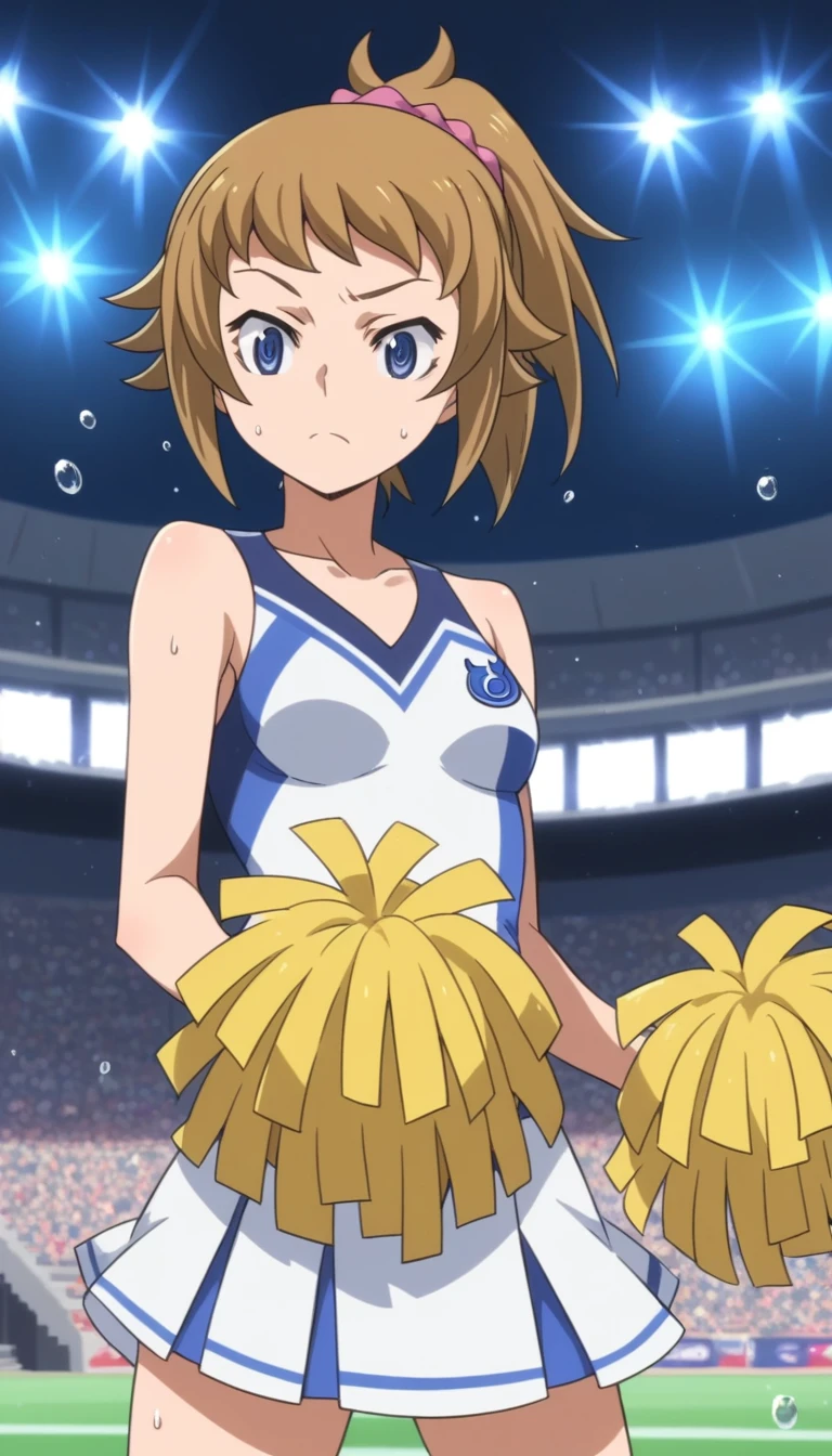 Score 9, Score 8 up, Score 7 up, The evaluation is questionable,
Detailed Background, Glowing Skin,Fumina Hoshino, Fumina Hoshino, blue eyes, Brown Hair, ponytail, Scrunchie,
girl, cheerleader, small breasts, mini skirt, droplets of sweat, dance, on stadium stands, on the stairs, stand seats, surrounded by spectator, crowd, best quality, very aesthetic