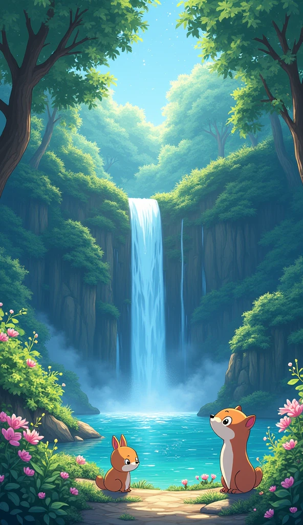 ((best quality)), ((masterpiece)), (detailed), perfect face : Viral anime nature wallpaper in 4K quality, in the style of illustration inspired by Studio Ghibli, depicting a hidden waterfall surrounded by lush greenery, delicate flowers blooming around, and small woodland creatures playing near the water; soft and pastel color temperature, cosmos lighting with stars twinkling in the sky, no human characters, the atmosphere is magical and calming --v 5 --stylize 1000