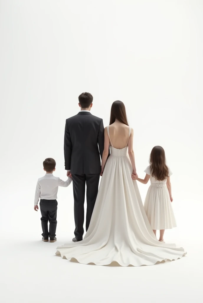 un couple de mariés de dos avec 2 enfants : un et une fille. Un masulin et une feminin. . Fond totalement blanc. la mariée tient le marié par le dos
