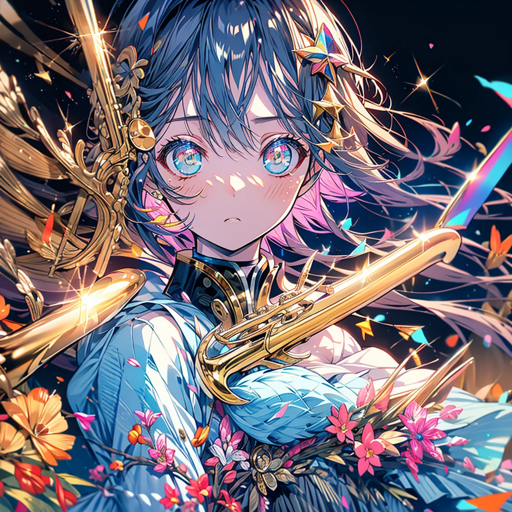 highest quality、masterpiece、anime girl、Brass band club、Blowing the trumpet、serious face、Upper body、ocher hair