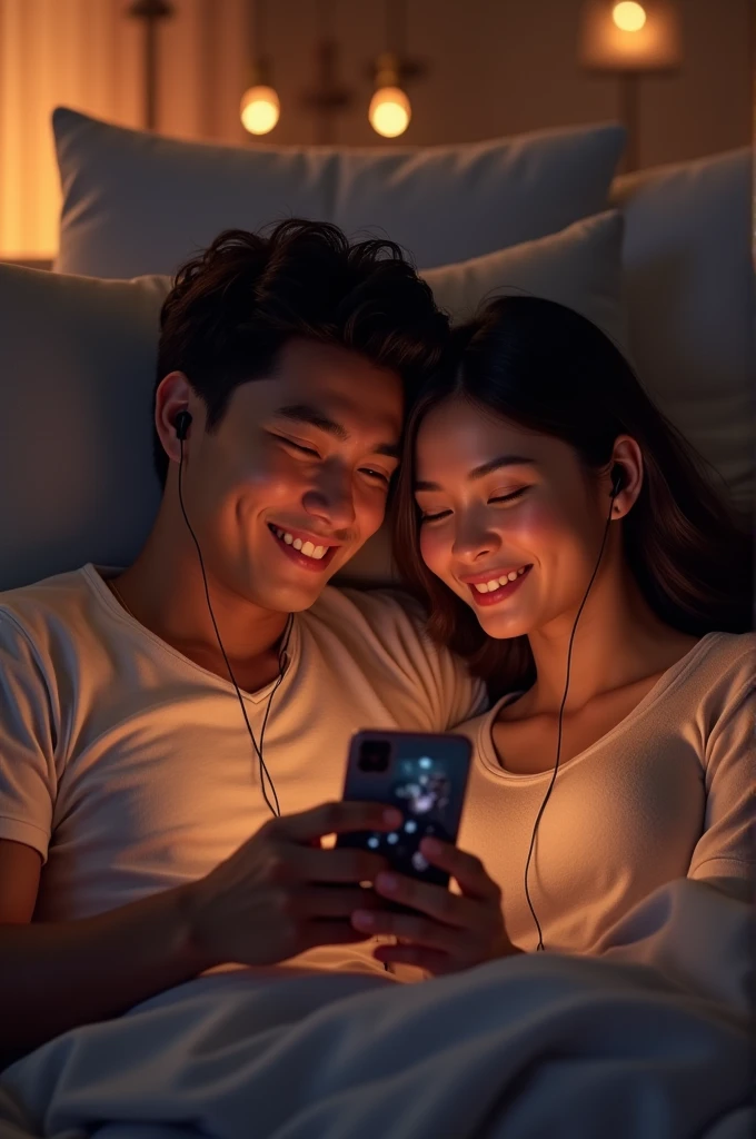 "Create a detailed image of a couple sitting close together, watching a movie on a smartphone. They are both using a pair of wired earphones, with one earpiece in each of their ears. The scene should be cozy, with the couple sitting on a comfortable couch or bed, surrounded by soft pillows and blankets. The lighting is warm and soft, creating an intimate atmosphere. The smartphone screen is visible, showing a scene from a movie. The couple is relaxed and enjoying the moment, with subtle smiles on their faces. The overall mood of the image should be cozy and romantic."