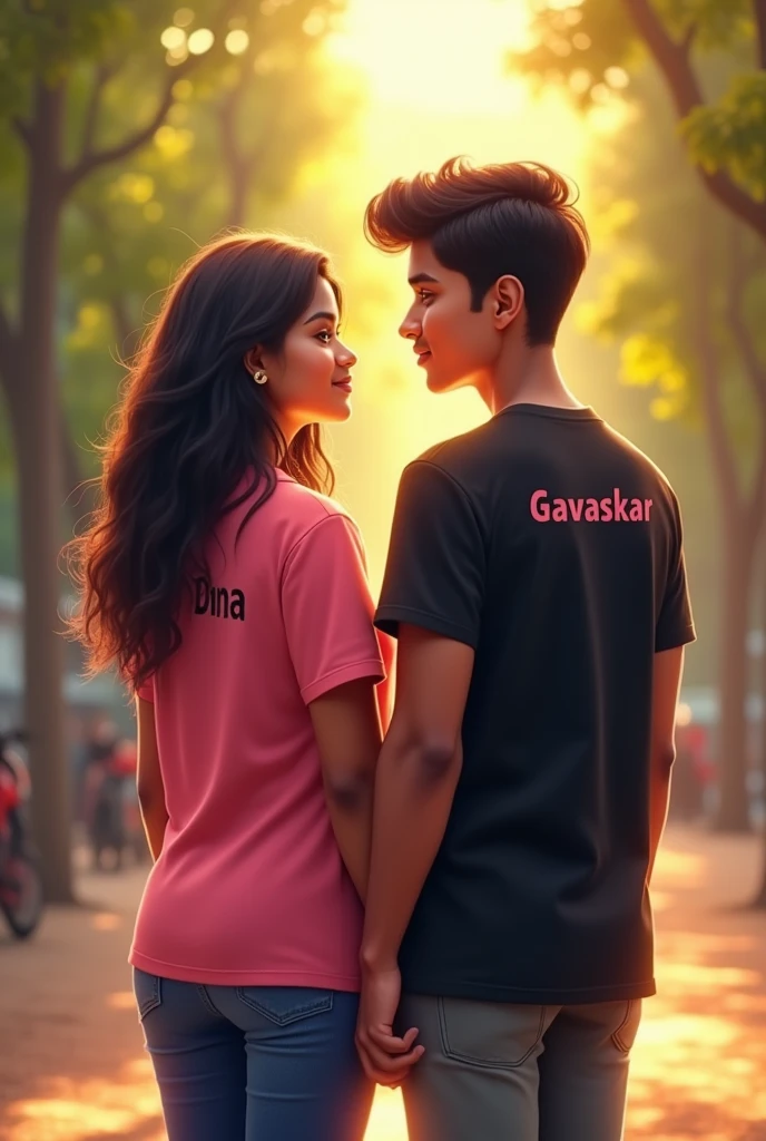 Fat kerala girl age 20 in pink t shirt name on it Dona,hold hands of slim Telugu boy age 21 with black t shirt name on it gavaskar trun back side
