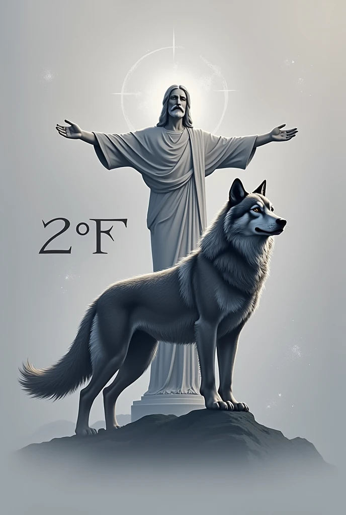 I want you to make a gray banner that will be printed on an interclass flag.. Nesse banner cinza, I want it to have the following features or details: cor predominante cinza; A wolf as a mascot; a Christ the Redeemer with open arms; A simple style; and that has been written in bold "2°F".