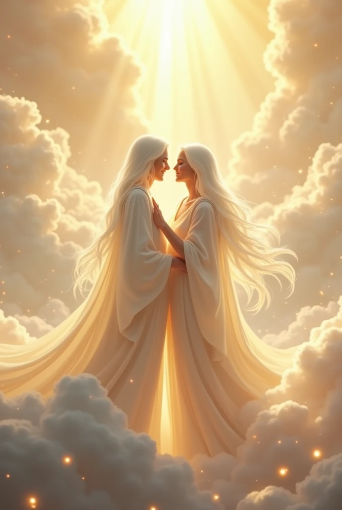 Heavenly mother and heavenly father holding hands in heaven. both with white hair, fair skin, and no beard, both being around 30 years old