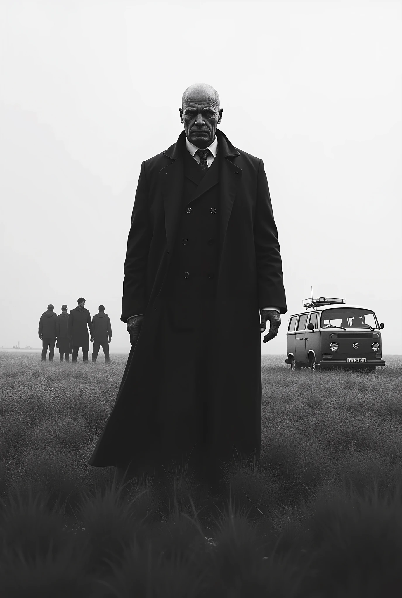 Sarkar man with emotions in field with attitude body language in black & white shut with van in friends group