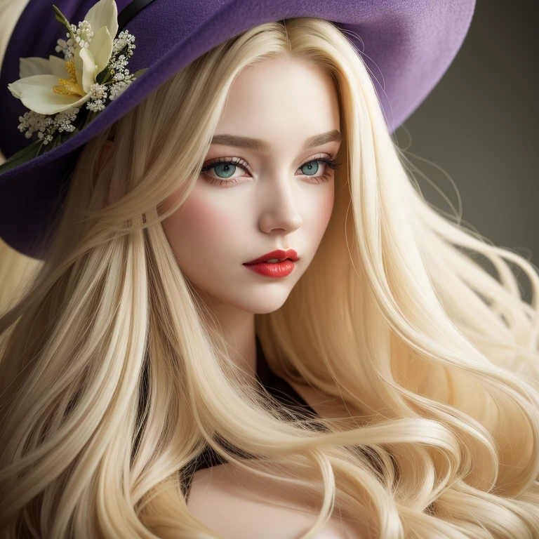 Curvy body,muscular stomach ,perfect face, red lips, green eyes,long black hair with very long blonde hair, super long blonde hair with very super long black hair, large hair, huge hair, woman wearing purple waisted mermaid dress, flowers hat, macro photography, macro lens, close-up, highly detailed