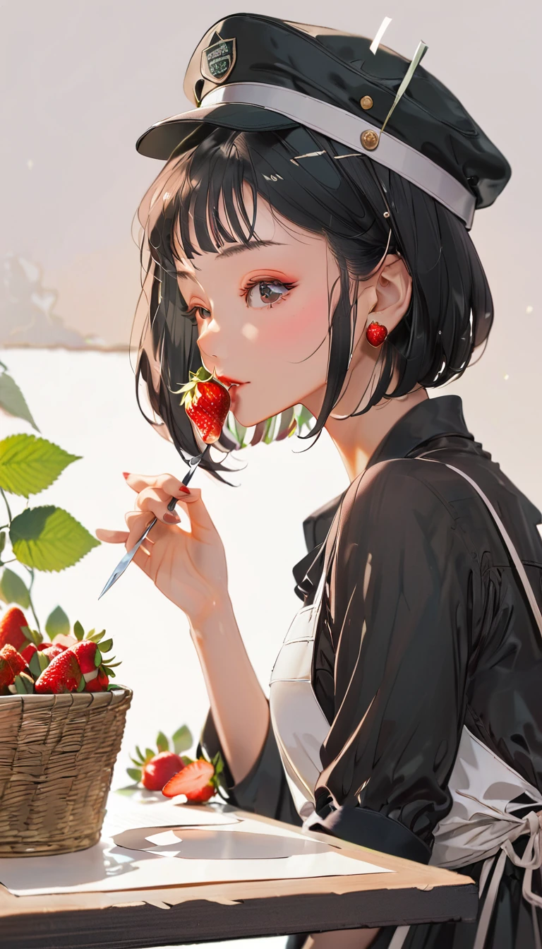 (((How to cut paper))), 1 girl, Long black medium hair, cap, Bob Cattle, Check shirt, Side view of the portfolio, strawberry